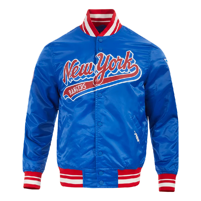 Big Deal NHL NEW YORK RANGERS SCRIPT TAIL MEN'S SATIN JACKET (ROYAL BLUE/RED)