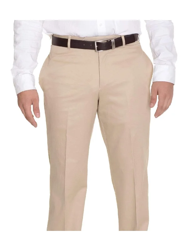 Bloomingdale's Classic Fit Solid Tan Flat Front Cotton Dress Pants