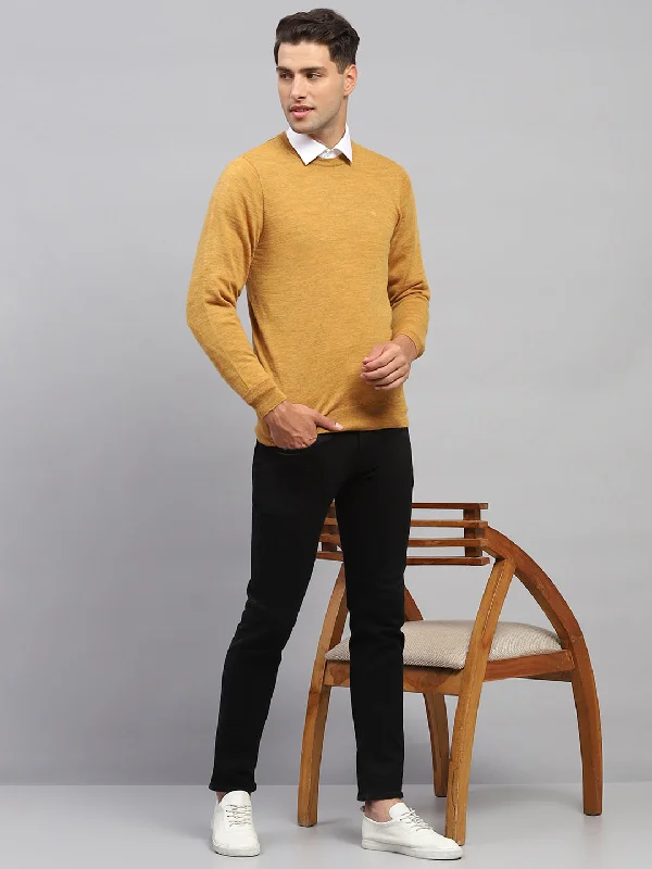 Price Meltdown Men Mustard Solid Round Neck Full Sleeve Pullover