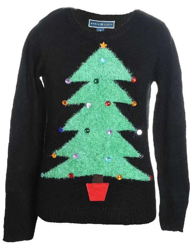 Weekend Offers That Amaze Black Christmas Tree Design Knit Jumper - M