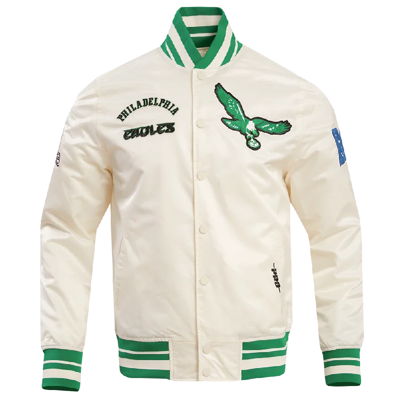 Massive Deals NFL PHILADELPHIA EAGLES RETRO CLASSIC MEN'S RIB SATIN JACKET (EGGSHELL/ KELLY GREEN)