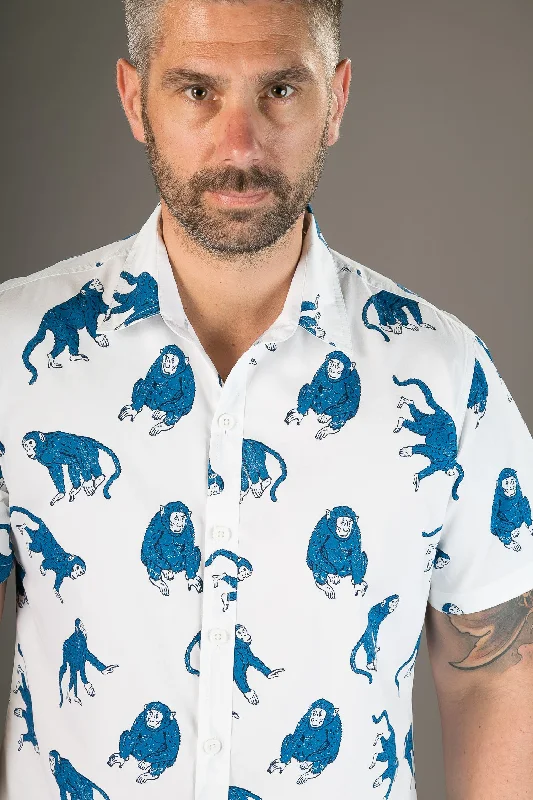 Stock Up and Save Blue Monkeys on White Print Cotton Slim Fit Mens Shirt Short Sleeve