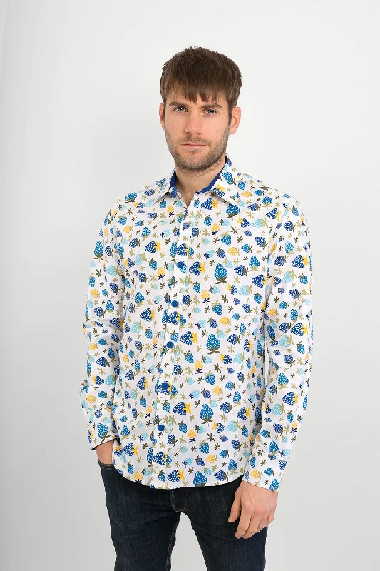 Early Bird Discount Blue Strawberry Fruit Cotton Slim Fit Mens Shirt Long Sleeve