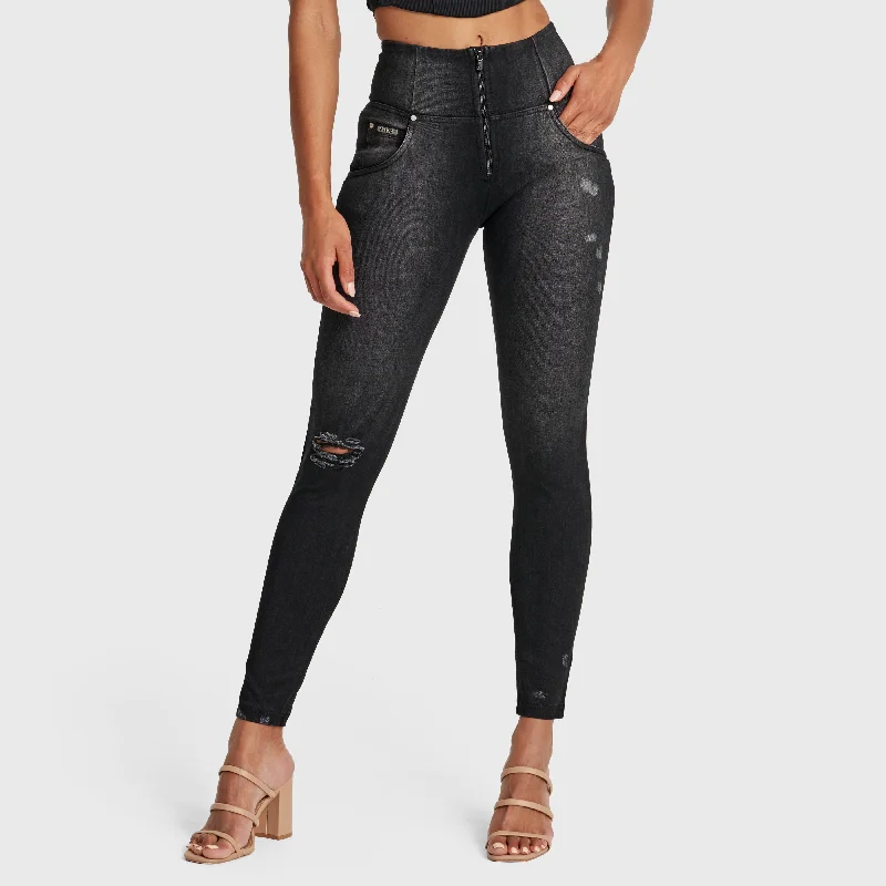 Weekend Savings Spree WR.UP® Snug Distressed Jeans - High Waisted - Full Length - Black + Black Stitching