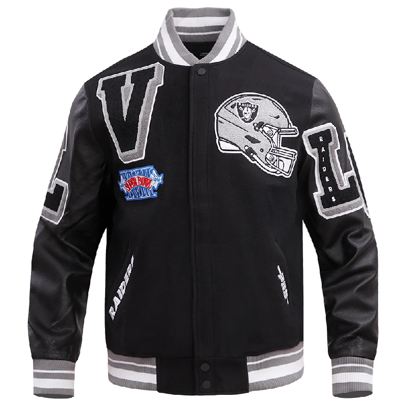 Flash Sale NFL LAS VEGAS RAIDERS MASHUP MEN'S RIB WOOL VARSITY JACKET (BLACK/GRAY) Flash Sale NFL LAS VEGAS RAIDERS MASHUP MEN'S RIB WOOL VARSITY JACKET (BLACK/GRAY)