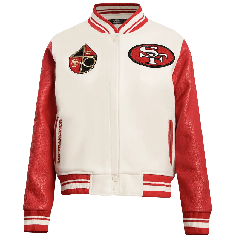 Unmissable Offer NFL SAN FRANCISCO 49ERS RETRO CLASSIC WOMEN'S RIB WOOL VARSITY JACKET (EGGSHELL/ RED) Unmissable Offer NFL SAN FRANCISCO 49ERS RETRO CLASSIC WOMEN'S RIB WOOL VARSITY JACKET (EGGSHELL/ RED)